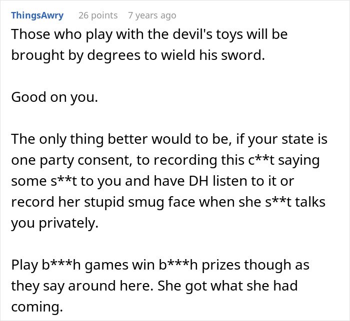 Comment discussing playing the long game against MIL and rearranging MIL’s furniture in an online forum.