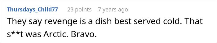 Text comment on a forum discussing MIL versus DIL conflict and mentioning revenge served cold in a casual tone.