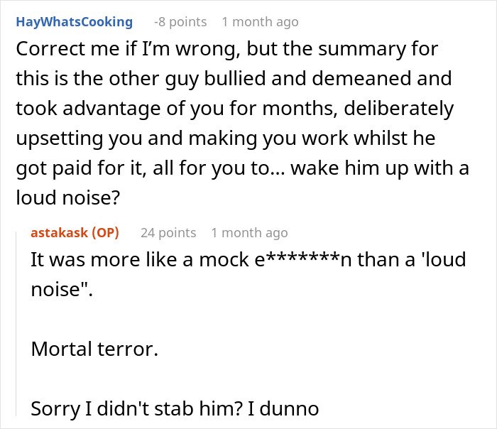Screenshot of a Reddit conversation about a guy using theatrics to scare a workplace bully as revenge.