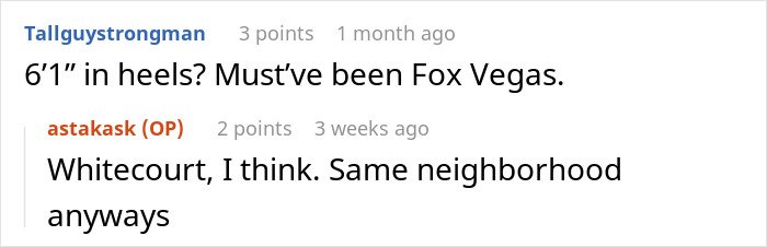 Screenshot of a Reddit conversation about height and location, related to theatrics and workplace bully revenge.