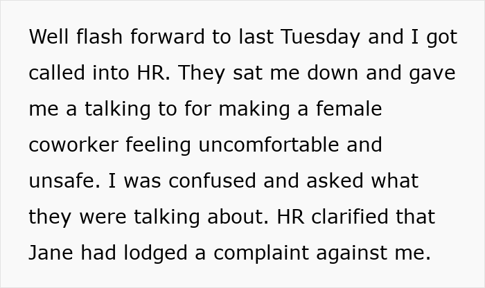 Text describing a man called into HR after a female coworker reported him, causing tension among coworkers.