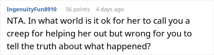 Comment from user IngenuityFun8910 discussing being called a creep and workplace conflict involving HR reporting.