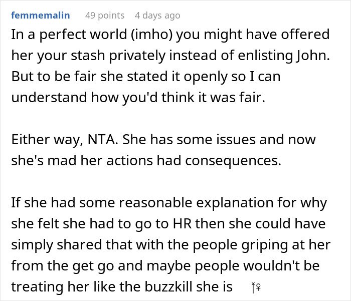 Reddit comment discussing workplace conflict after woman reported man to HR and coworkers turned against her.