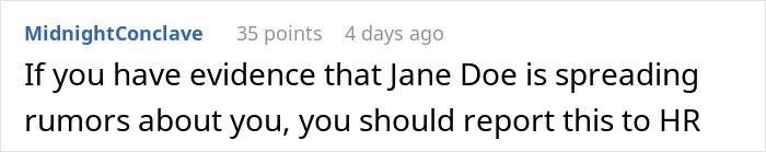 Screenshot of an online comment advising to report rumors spreading at work to HR, related to workplace conflict.