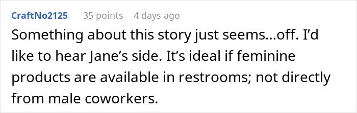 Screenshot of a forum comment discussing workplace conflict involving a man and a woman who reported him to HR.