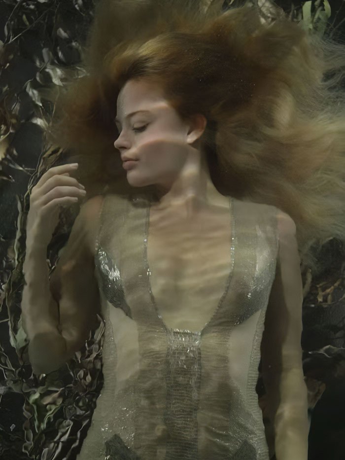 Margot Robbie underwater cover shoot with flowing hair and shimmering dress in a surreal, artistic water setting.