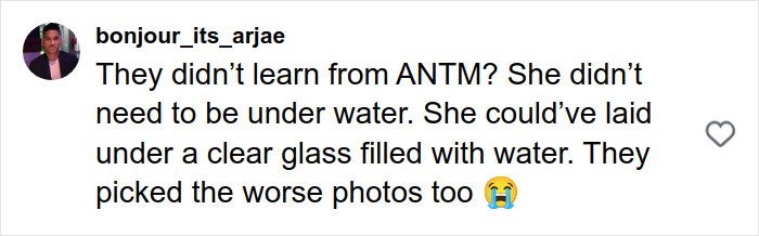 User comment criticizing Margot Robbie's underwater cover shoot, suggesting better photo choices and alternate water effects.
