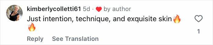 Comment on social media post praising intention, technique, and exquisite skin with fire emojis, related to celeb facialist secrets for Golden Globes glow.