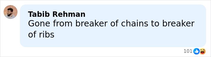 Text message from Tabib Rehman saying he went from breaker of chains to breaker of ribs, referencing Emilia Clarke rib injury.