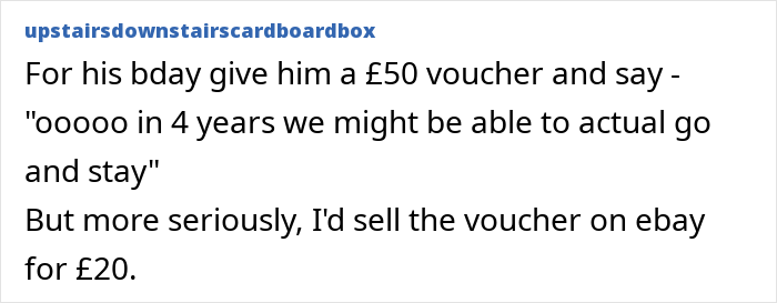 Text post showing someone suggesting giving a £50 voucher as a birthday gift, highlighting ungratefulness and abhorrent gifts.