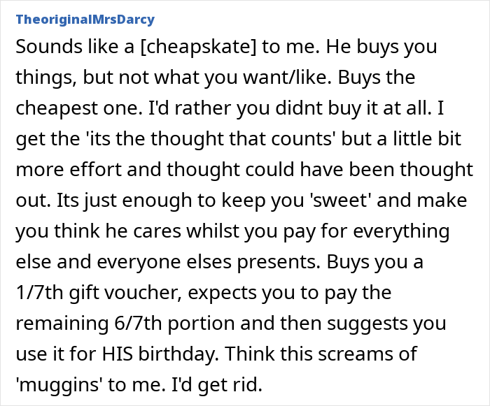 Alt text: Woman feels bad for being ungrateful for husband’s gifts, with people agreeing his gifts are abhorrent and cheap.
