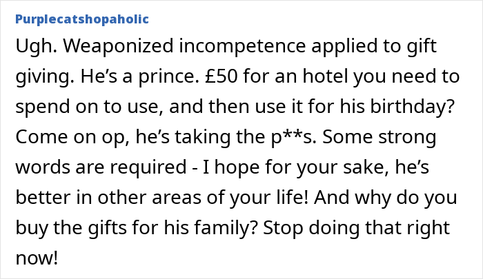 Comment expressing frustration over husband’s abhorrent gifts and discussing ungrateful feelings in a gift-giving context.