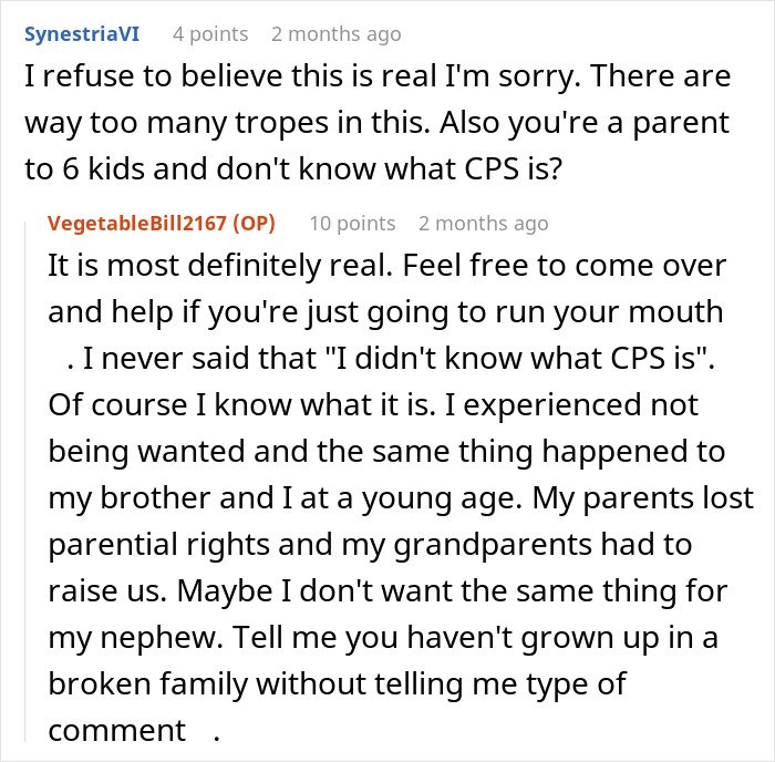 Screenshot of online discussion about a stressed mom of 6 overwhelmed when brother blocks her number while babysitting his son.