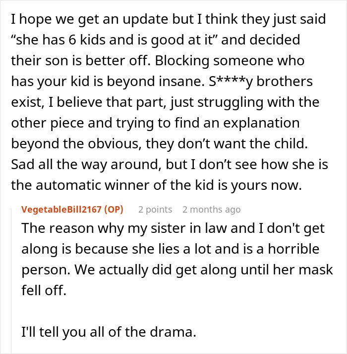 Text excerpt discussing a stressed mom of 6 overwhelmed when her brother blocks her number during babysitting.