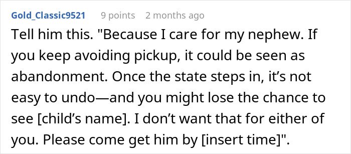 Comment warning about child pickup issues, reflecting stress of mom of 6 overwhelmed while babysitting brother’s son.