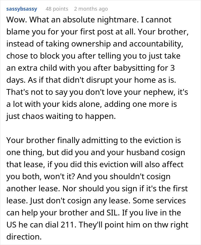 Reddit comment describing a mom of 6 stressed and overwhelmed while babysitting her brother’s son whose number she was blocked on.