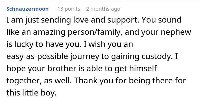 Comment expressing support for a stressed mom of 6 overwhelmed while babysitting her brother’s son.