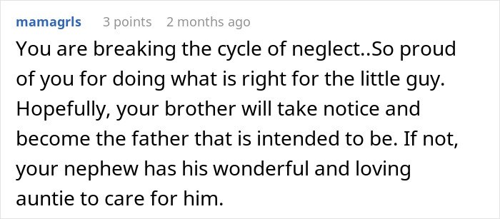 Comment praising a mom of 6 for caring for her nephew despite being overwhelmed and blocked by her brother while babysitting.