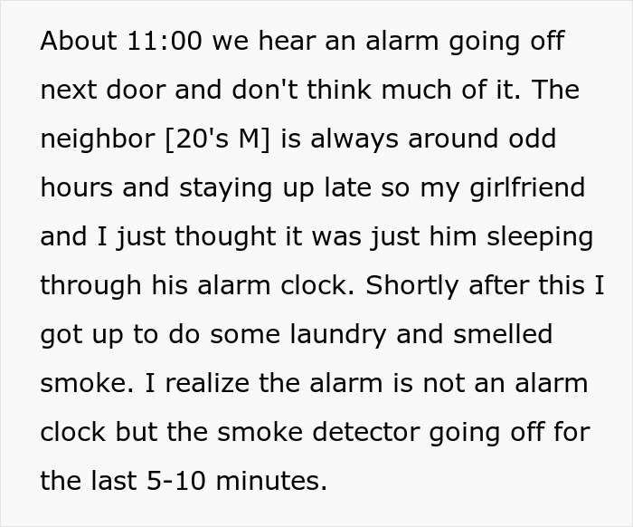 Text describing a man’s heroic actions after hearing a smoke detector alarm, highlighting he wasn’t the problem after all.