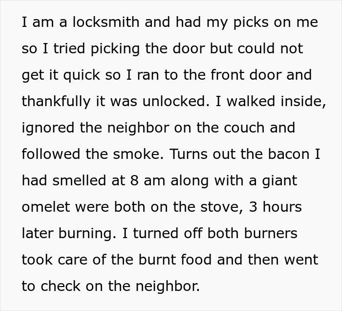 Text excerpt describing a locksmith’s heroic actions leading to a surprising discovery about being single.