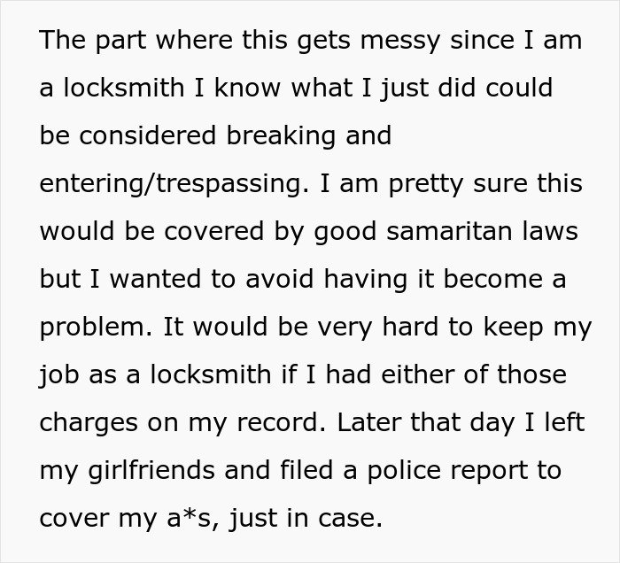 Text excerpt discussing a locksmith’s heroic actions and the consequences leading to him being single and misunderstood.