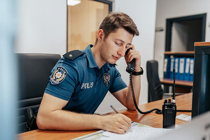 Young police officer showing heroic actions while handling a phone call and taking notes at his desk.