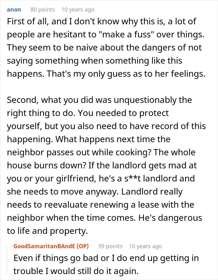 User comments discussing a guy’s heroic actions and realizing he wasn’t the problem in a difficult situation.