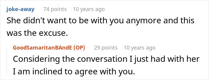 Screenshot of an online conversation discussing a guy’s heroic actions and realization he wasn’t the problem after all.