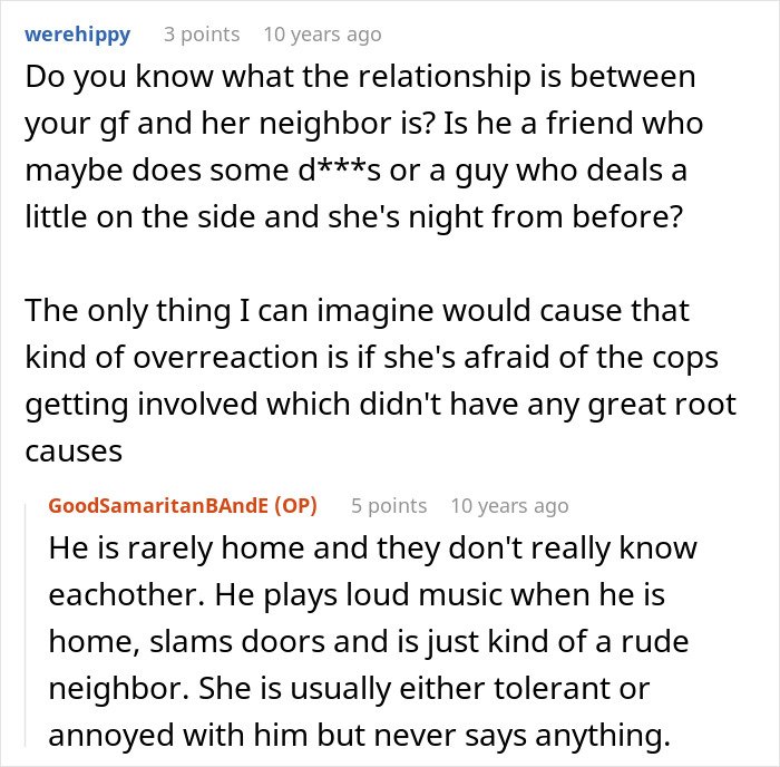 Screenshot of an online discussion about a guy’s heroic actions impacting his relationship and misunderstandings with neighbors.