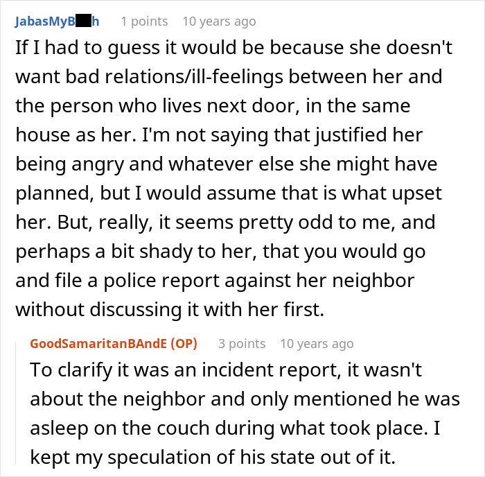 Screenshot of Reddit comments discussing a neighbor dispute and incident report related to a guy’s heroic actions and relationship issues.