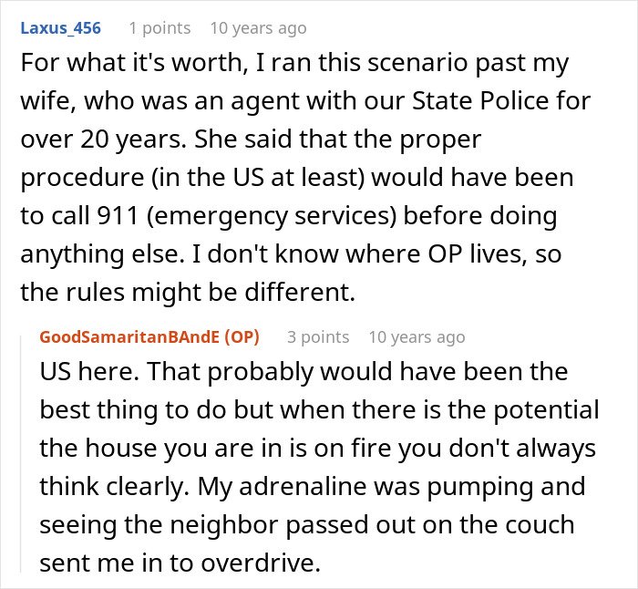 Comments discussing proper emergency procedures and a good samaritan’s heroic actions during a house fire situation.