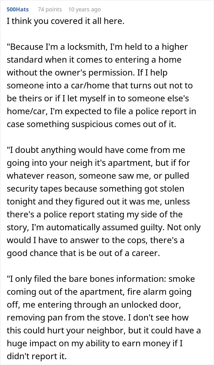 Comment explaining locksmith’s heroic actions and challenges, highlighting he wasn’t the problem after all.