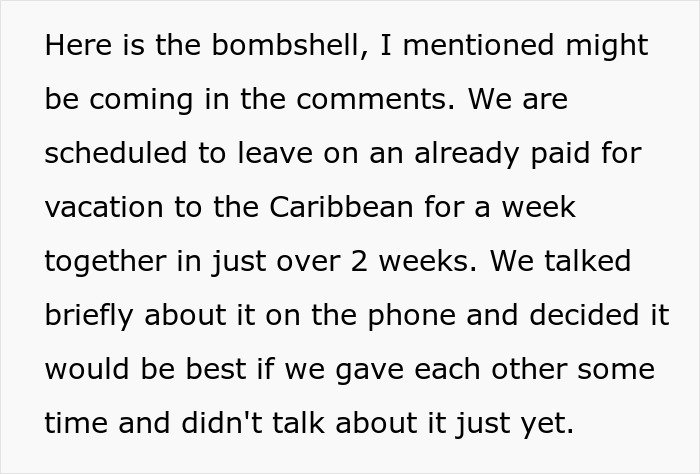 Text on a white background explaining a couple’s upcoming Caribbean vacation and their decision to take time apart.