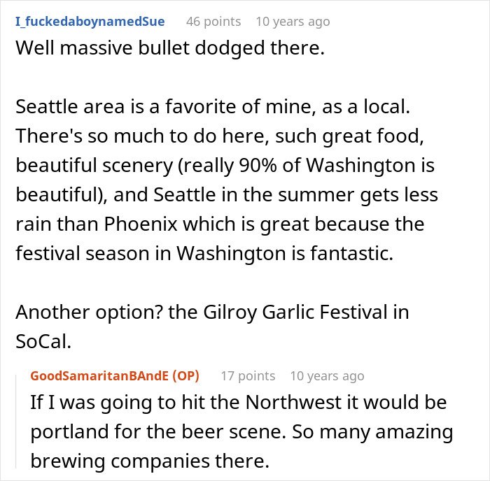 Screenshot of a Reddit conversation discussing local Seattle and SoCal festivals with insight on the hero’s actions and relationships.