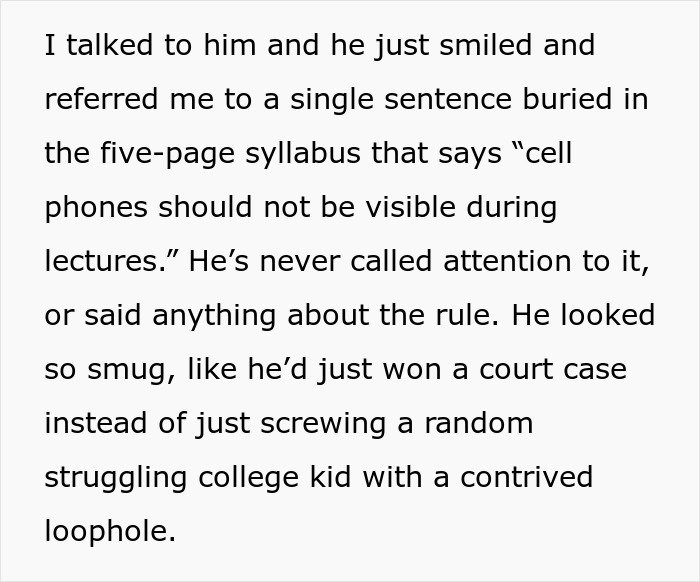 Text excerpt showing a student’s complaint about a professor enforcing a phone rule without warning in class.