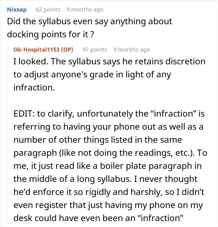Screenshot of online discussion about professor enforcing phone rule causing students to risk failing class after no prior warning given.