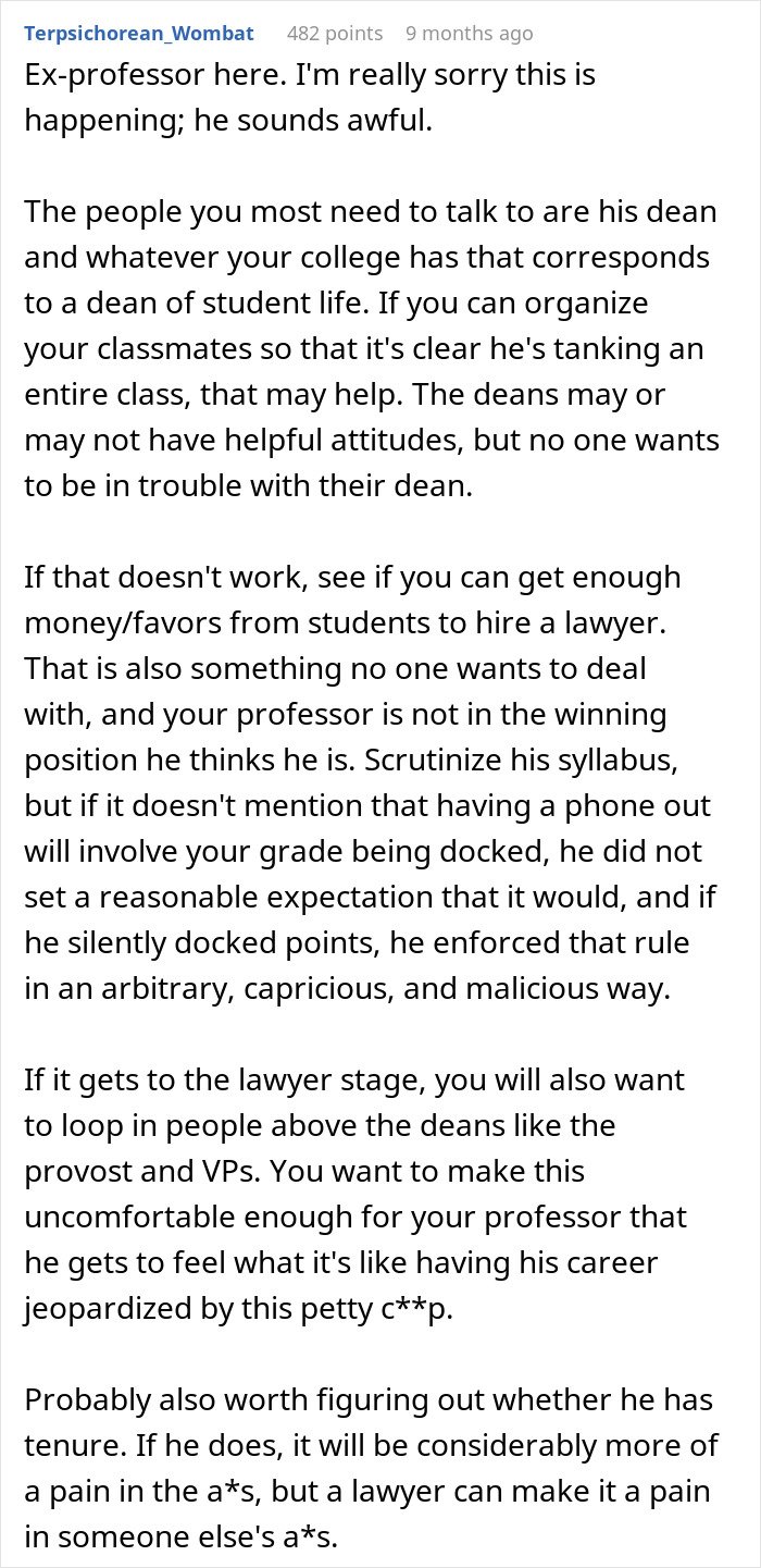 Text comment from ex-professor advising students on handling professor enforcing phone rule affecting grades.