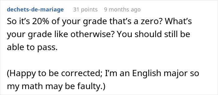Comment discussing concerns over a professor’s phone rule affecting student grades and risk of failing class.