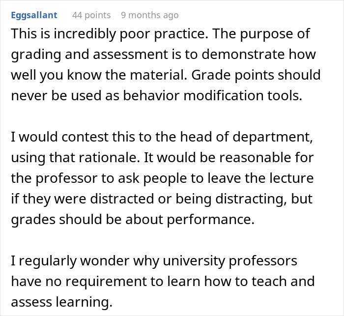 Comment discussing students push back after professor enforces phone rule affecting grades without prior warning.