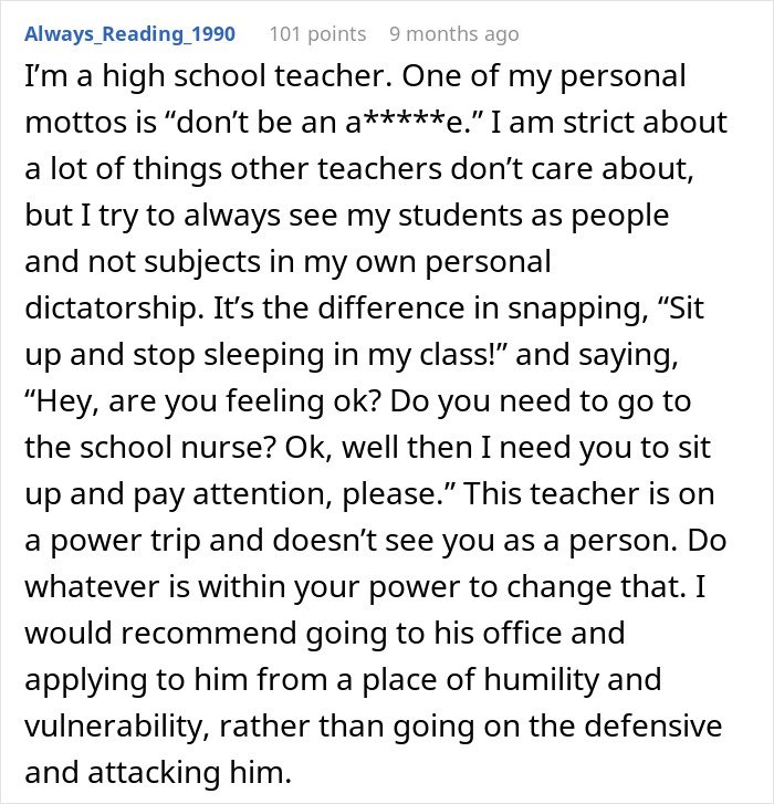 Text post showing a high school teacher’s view on managing students with empathy amid enforcing classroom phone rules.