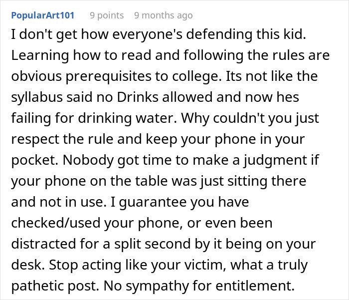 Student commenting on professor’s phone rule enforcement and concerns about failing the class due to phone policy issues.