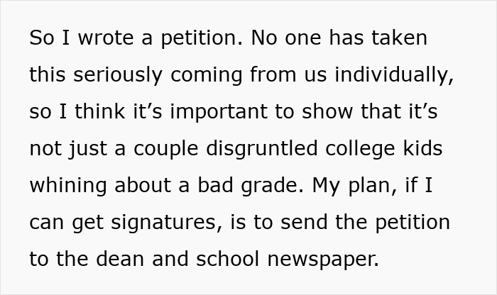 Text showing a student petition to resist a professor’s phone rule enforcement risking failing the class.