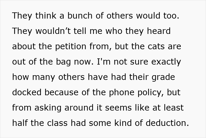 Text excerpt about students discussing the impact of professor’s phone rule enforcement causing grade deductions.