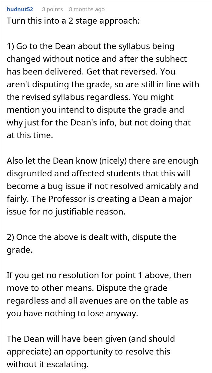 Text post advising a two-stage approach to dispute a professor’s phone rule enforcement causing students to risk failing.