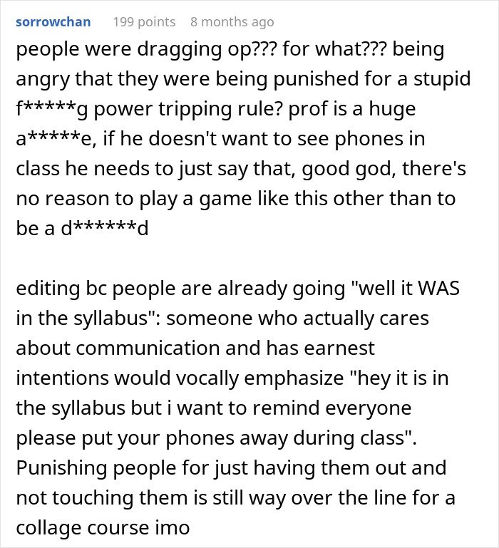Reddit user discussing students push back after professor enforces strict phone rule without prior warning in class.