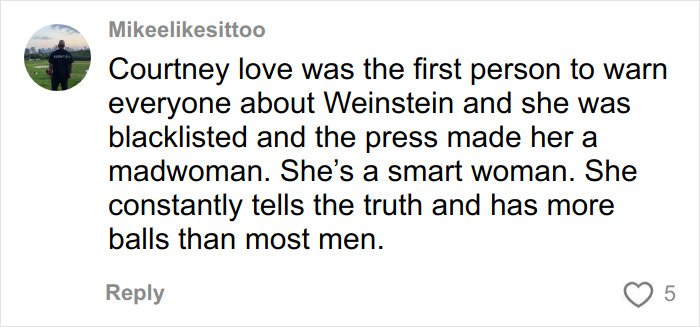 Screenshot of a social media comment discussing Courtney Love and referencing evidence about Kurt Cobain’s passing not being self-inflicted.