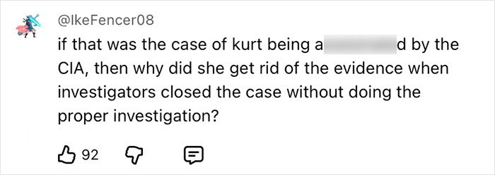 Screenshot of a social media comment questioning the handling of evidence in Kurt Cobain's passing investigation by forensics experts.