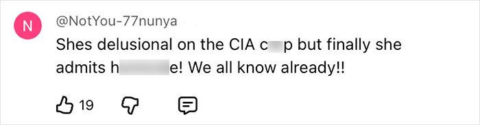 Social media comment by user NotYou-77nunya discussing delusional views on CIA conspiracy theories.