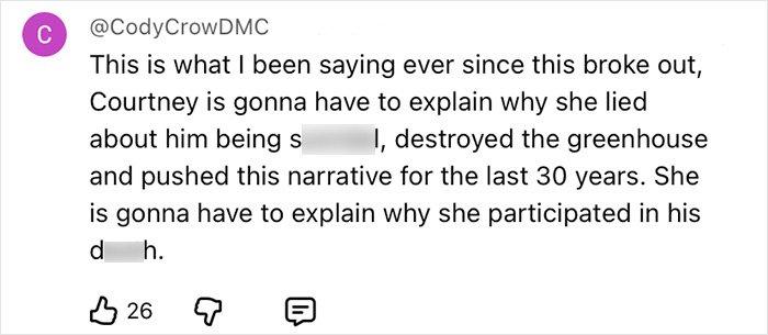 Comment by CodyCrowDMC discussing evidence and theories about Kurt Cobain's passing not being self-inflicted.