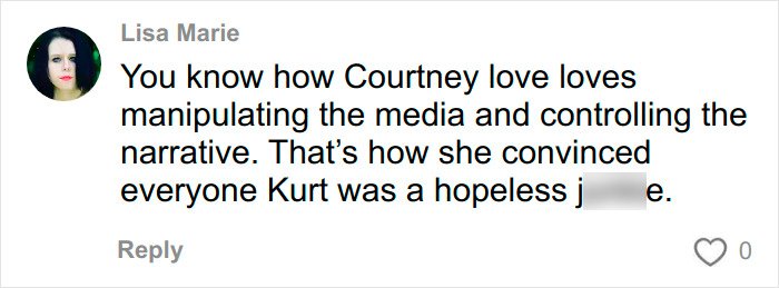 Comment by Lisa Marie discussing media manipulation and narrative control related to Kurt Cobain’s passing evidence in forensics debate.